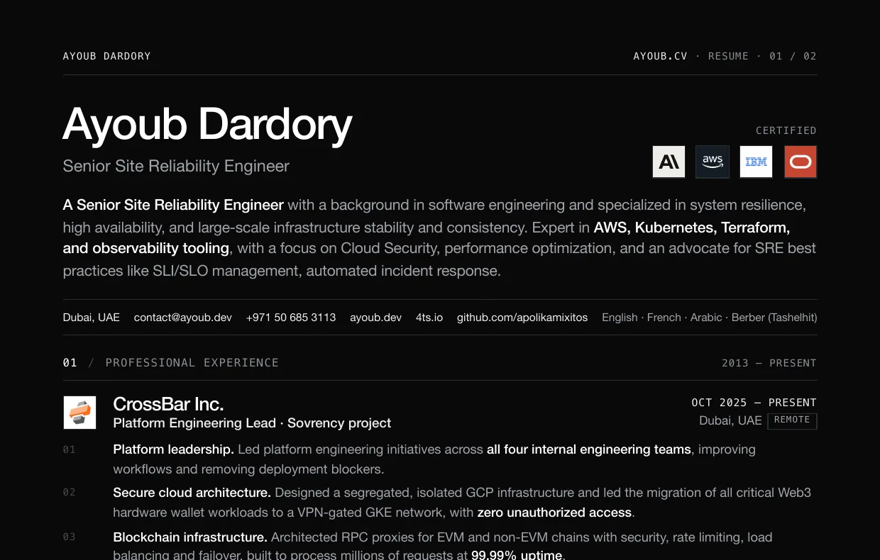 Top of the first resume page: name, summary, contact details and the start of the experience section.
